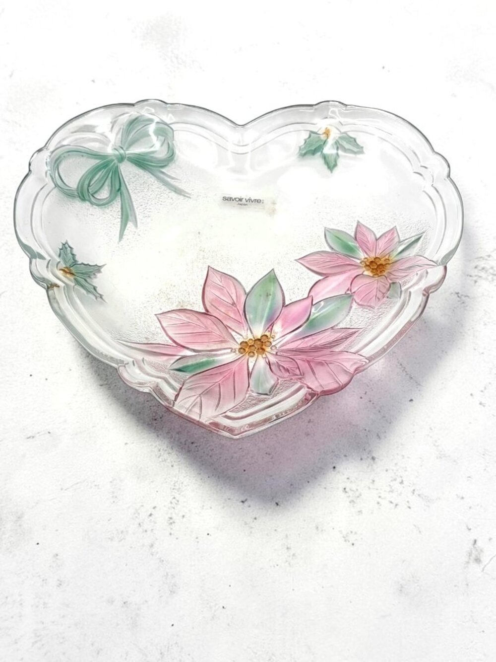 Vintage Savoir Vivre Japan Floral Heart Glass Serving Bowl 12.75”